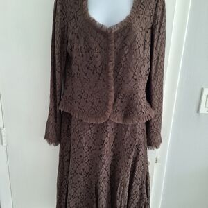 T Tahari Brown Wrap Skirt Set Scoop Neck Wedding